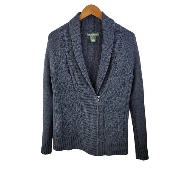 Eddie Bauer size Medium Cardigan Sweater Zip Cable Knit Chunky gray grey zip up - Picture 1 of 6